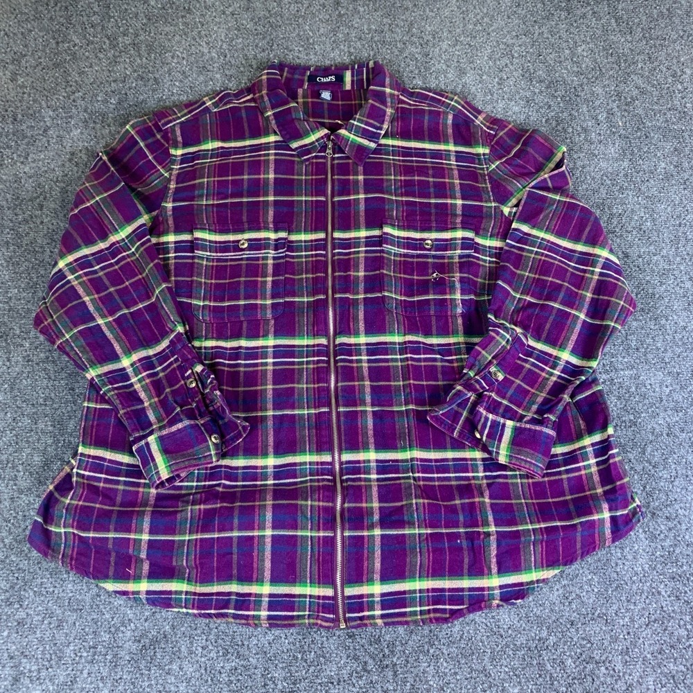 Chaps Denim Flannel Shacket Womens 3X Multicolor Plaid Cotton Full Zip Winter